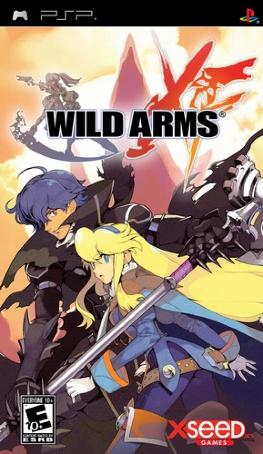 Game cover of 'Wild Arms XF' for Playstation Portable (PSP) featuring animated characters with swords on a colorful background.