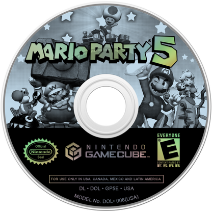 Mario Party 5 game for the Nintendo GameCube featuring party style gameplay with board game mechanics mini games multiplayer modes and competitive challenges starring Mario and friends across themed boards disc