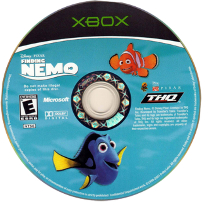 Video game disc cover for 'Finding Nemo' by Disney Pixar on Xbox Platinum Hits with characters Dory and Marlin.