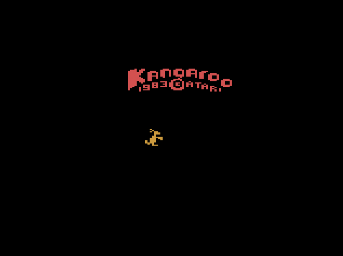 Kangaroo retro Atari 2600 video game featuring arcade platform gameplay, animal themed action, obstacle jumping challenges and classic Atari entertainment - title screen