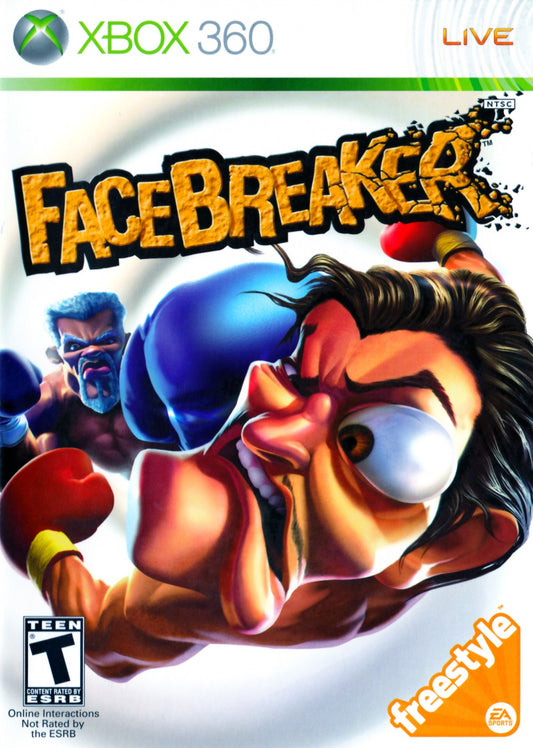 FaceBreaker Xbox 360 for sports fighting video game fans featuring over the top arcade boxing gameplay colorful cartoon style characters powerful knockout punches fast paced multiplayer matches unique special moves humorous action and competitive brawling collectible gaming appeal front cover art