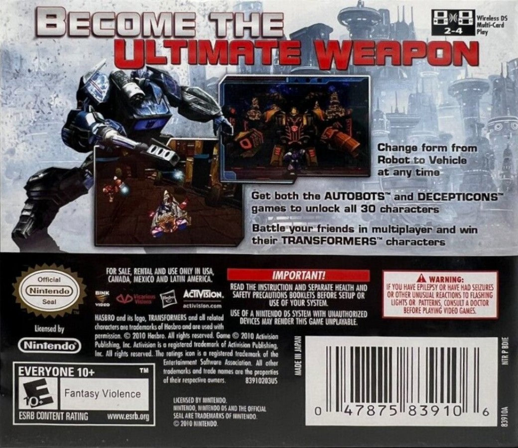 Transformers War for Cybertron Autobots Nintendo DS video game, action shooter, Transformers franchise gameplay, handheld console title back cover
