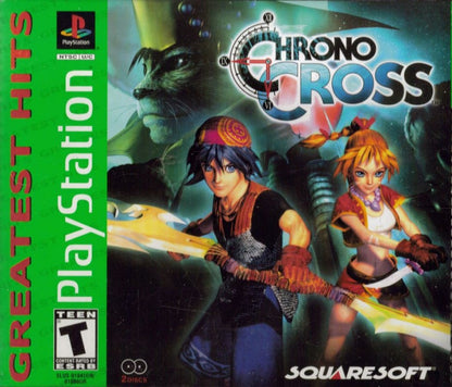 Chrono Cross Greatest Hits edition for PlayStation – green label PS1 RPG case with original cover art featuring Serge and Kid cover art