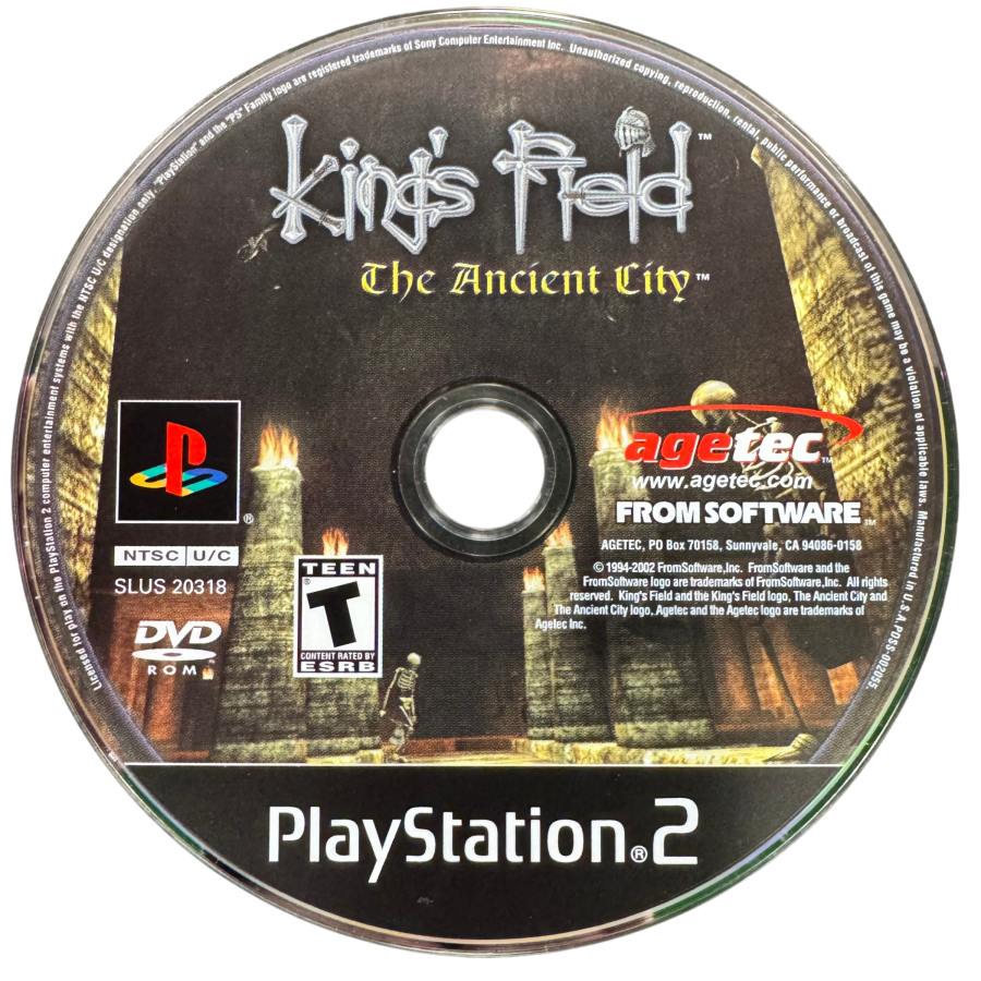 King's Field The Ancient City PlayStation 2 PS2 first-person role playing video game featuring dark fantasy dungeon exploration sword combat magic spells challenging monsters treasure hunting character development mysterious environments and classic PlayStation 2 PS2 gameplay collectible retro gaming appeal disc