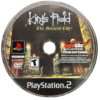 King's Field The Ancient City PlayStation 2 PS2 first-person role playing video game featuring dark fantasy dungeon exploration sword combat magic spells challenging monsters treasure hunting character development mysterious environments and classic PlayStation 2 PS2 gameplay collectible retro gaming appeal disc