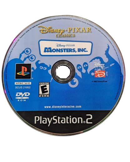 Monsters, Inc. disc for the PlayStation 2 featuring platforming and mini game style gameplay based on the Pixar film with story driven levels as Mike and Sulley navigate Monstropolis and collect energy through humorous monster themed challenges disc