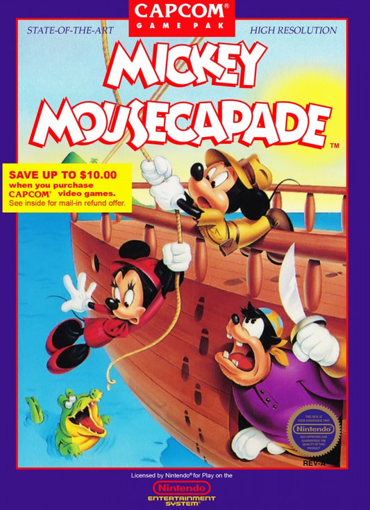 Mickey Mousecapade retro NES video game Mickey Mousecapade Disney action adventure platform gameplay cartoon characters cooperative gameplay classic console title Nintendo Entertainment System release cover art