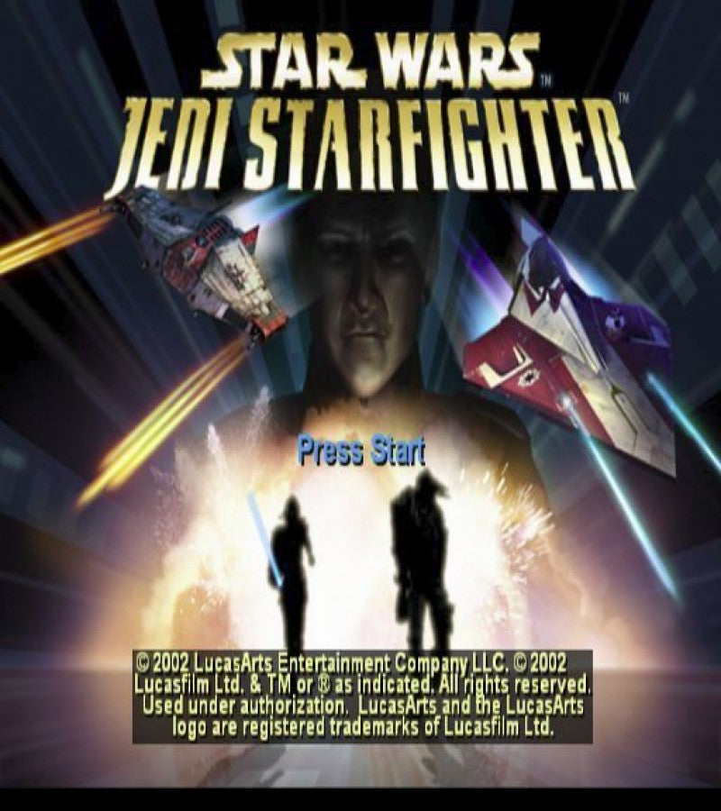 Star Wars: Jedi Starfighter – PlayStation 2 (PS2) video game title screen, space combat action.