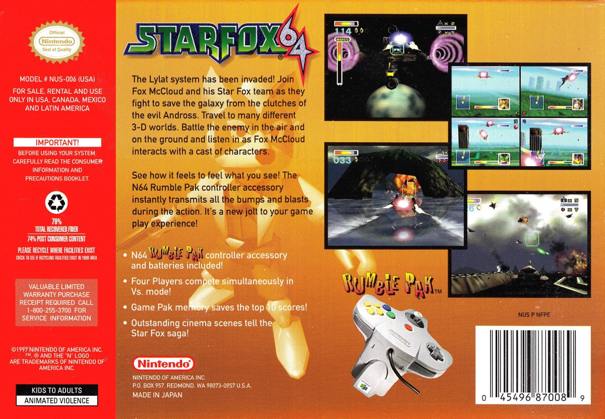 Star Fox 64 Nintendo 64 N64 video game, on-rails space shooter, classic Nintendo title, multiplayer dogfights, retro console game gameplay back cover art 