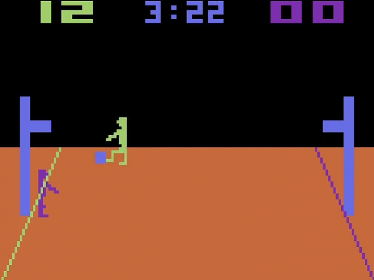Basketball Text Label Atari 2600 video game featuring basketball sports gameplay competitive matches shooting challenges passing defense scoring and classic Atari 2600 arcade sports action retro video game collection collectible gaming appeal gameplay