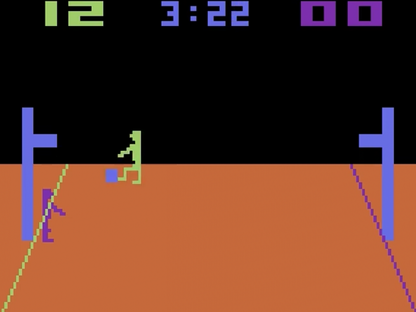 Basketball Text Label Atari 2600 video game featuring basketball sports gameplay competitive matches shooting challenges passing defense scoring and classic Atari 2600 arcade sports action retro video game collection collectible gaming appeal gameplay