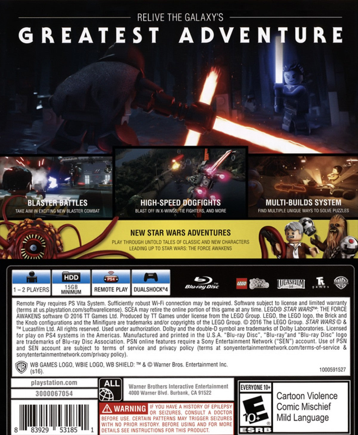 LEGO Star Wars: The Force Awakens back cover art for PlayStation 4 (PS4) video game. 