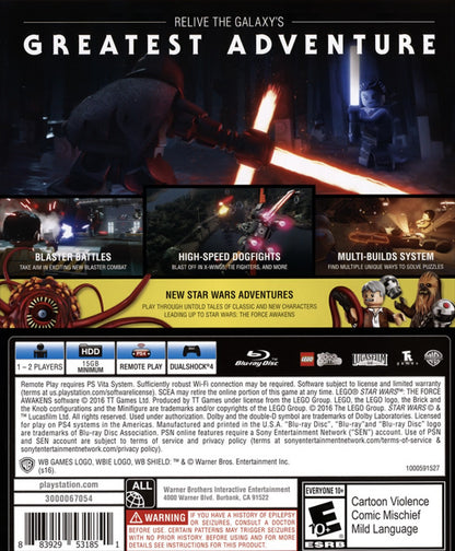 LEGO Star Wars: The Force Awakens back cover art for PlayStation 4 (PS4) video game. 