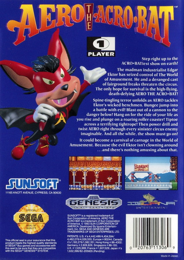 Aero the Acro Bat Sega Genesis GEN video game featuring action platforming gameplay acrobat character adventure colorful circus environments enemy encounters jumping challenges collectible items and classic 16 bit Sega gameplay retro video game collection collectible gaming appeal back cover art