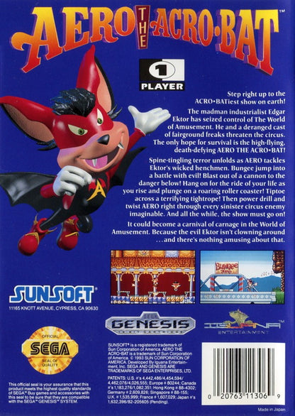 Aero the Acro Bat Sega Genesis GEN video game featuring action platforming gameplay acrobat character adventure colorful circus environments enemy encounters jumping challenges collectible items and classic 16 bit Sega gameplay retro video game collection collectible gaming appeal back cover art