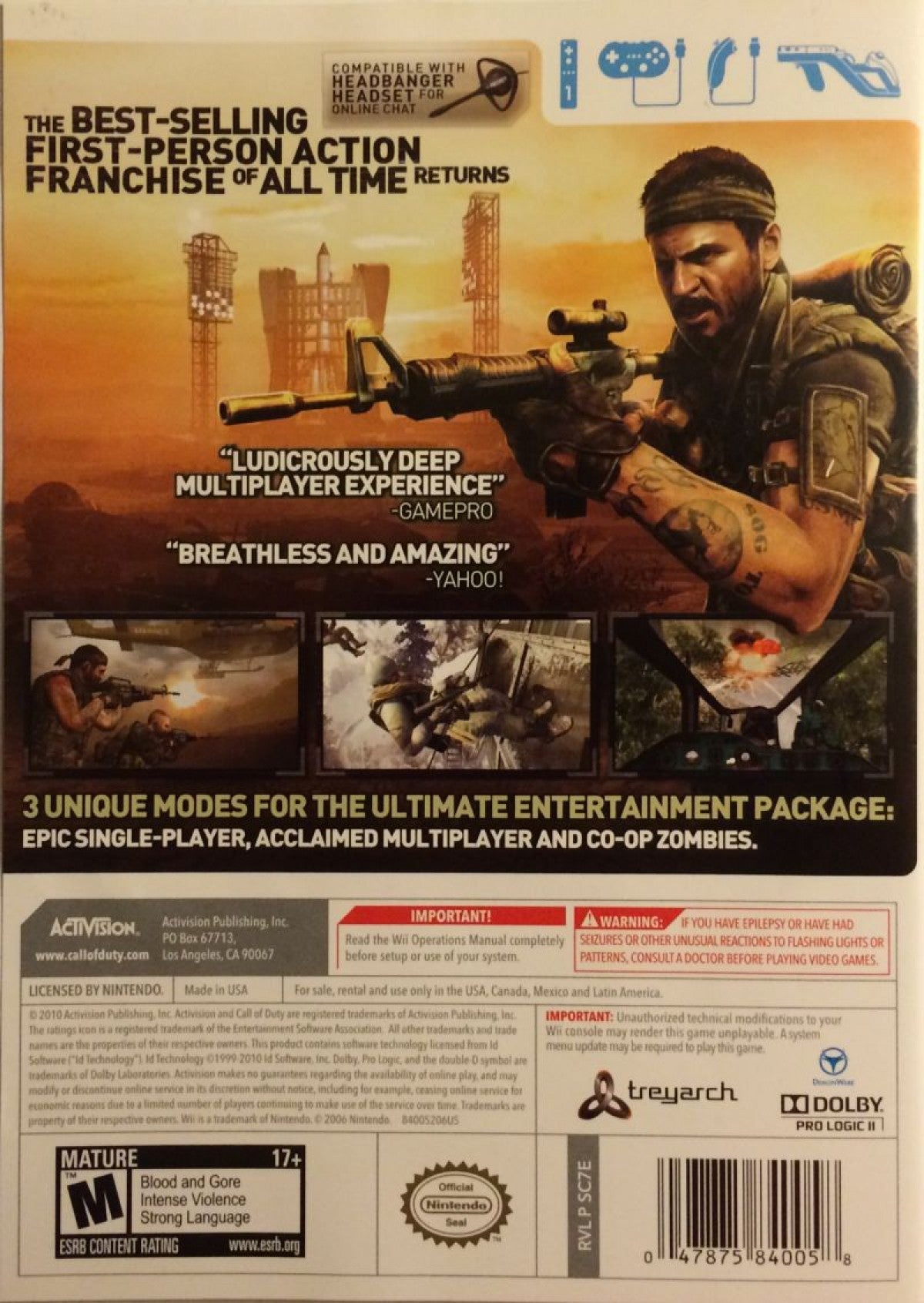 Call of Duty Black Ops Nintendo Wii video game, first-person shooter, military action campaign and multiplayer, motion-controlled console title back cover