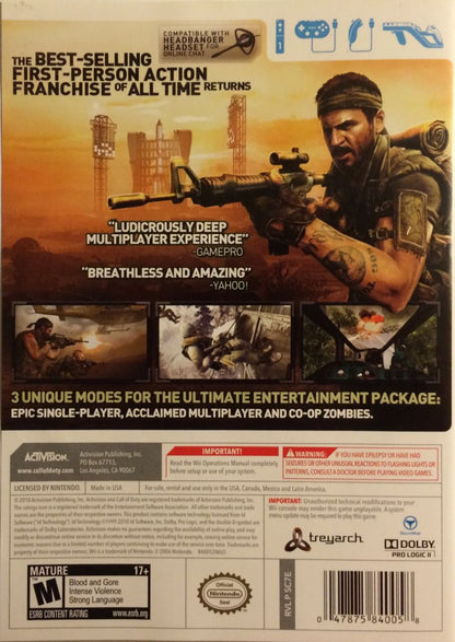 Call of Duty Black Ops Nintendo Wii video game, first-person shooter, military action campaign and multiplayer, motion-controlled console title back cover