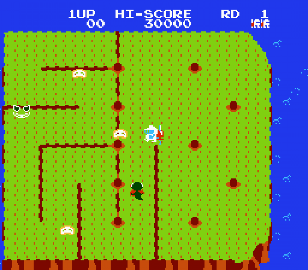 Dig Dug II Trouble in Paradise Nintendo Entertainment System NES video game featuring arcade action gameplay island exploration enemy digging rock crushing and air pump attacks strategic level challenges classic Dig Dug gameplay 8 bit retro video game collection collectible gaming appeal gameplay