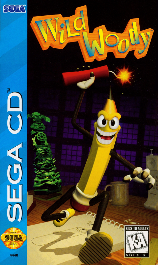 Wild Woody Sega CD platformer action game cartoon style gameplay animated pencil character side scrolling adventure Sega CD classic quirky retro platforming collectible Sega CD software video game title cover art