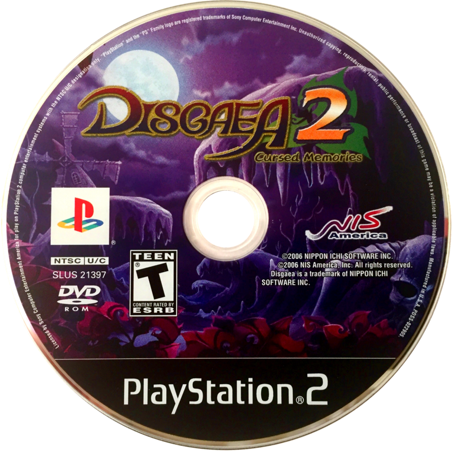Disgaea 2 Cursed Memories game for the PlayStation 2 featuring tactical RPG gameplay with grid based battles deep character leveling humorous storylines and over the top mechanics set in the Netherworld disc