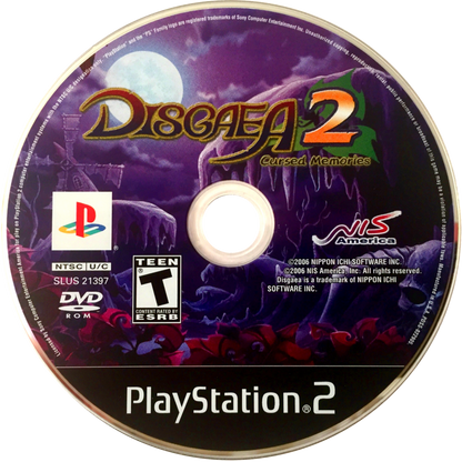Disgaea 2 Cursed Memories game for the PlayStation 2 featuring tactical RPG gameplay with grid based battles deep character leveling humorous storylines and over the top mechanics set in the Netherworld disc