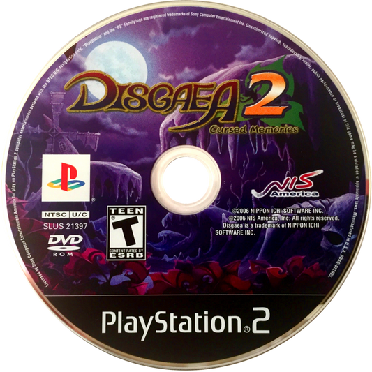 Disgaea 2 Cursed Memories game for the PlayStation 2 featuring tactical RPG gameplay with grid based battles deep character leveling humorous storylines and over the top mechanics set in the Netherworld disc