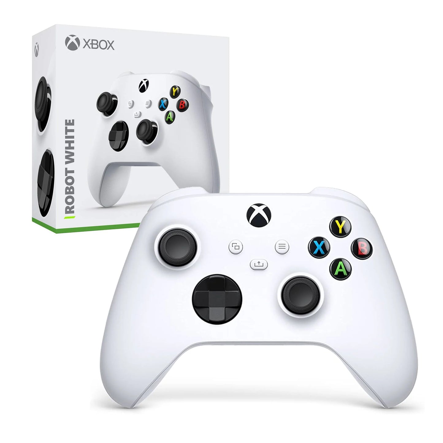 Xbox Wireless Controller Robot White wireless controller for Xbox Series X and Series S featuring a matte white design with black accents textured grips hybrid D pad Bluetooth connectivity share button and ergonomic layout for comfortable gaming across console PC and mobile devices