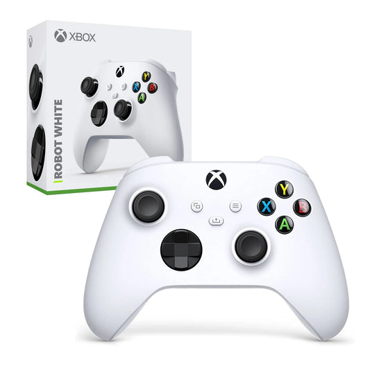 Xbox Wireless Controller Robot White wireless controller for Xbox Series X and Series S featuring a matte white design with black accents textured grips hybrid D pad Bluetooth connectivity share button and ergonomic layout for comfortable gaming across console PC and mobile devices