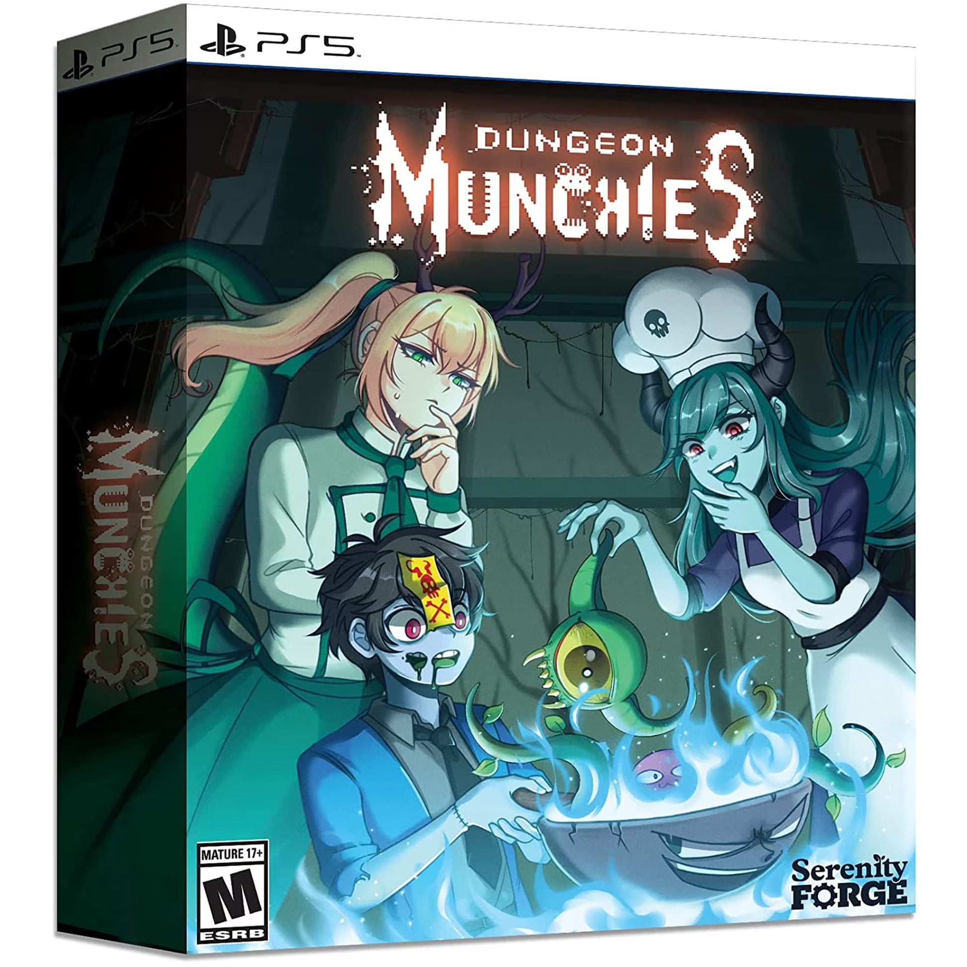 Dungeon Munchies Collector's Edition PlayStation 5 pixel art action RPG necro-chef Simmer hunting monsters cooking meals gaining abilities side-scrolling exploration meal combinations power-up system Collector's box