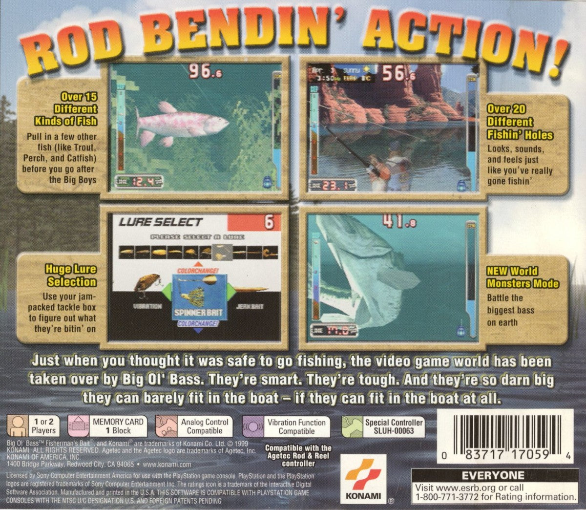 Big Ol’ Bass Fisherman’s Bait 2 PlayStation 1 game featuring realistic fishing simulation, authentic tournament action, and classic late-90s sports back cover art