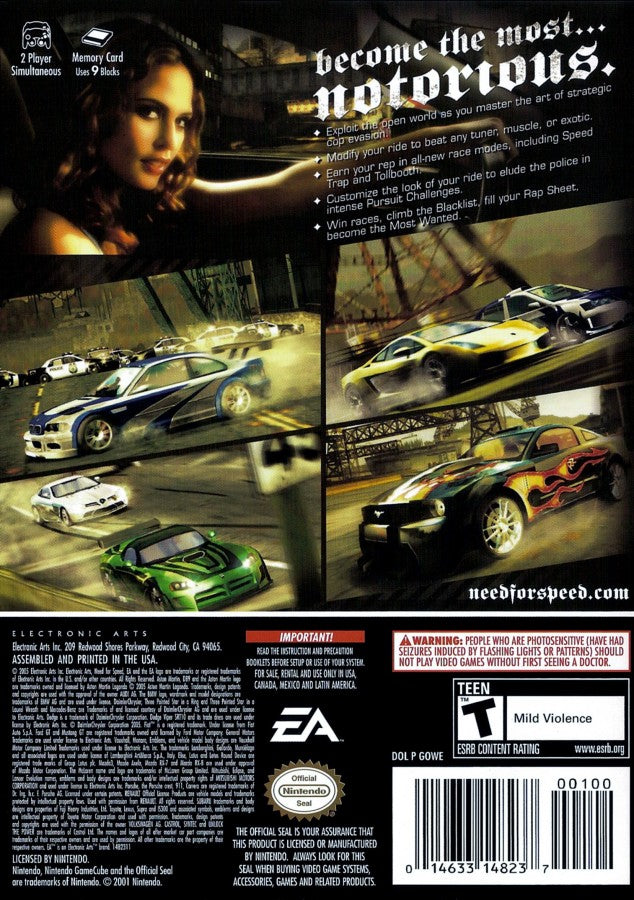 Need for Speed: Most Wanted for Nintendo GameCube (GC) at Gamers INC, featuring the high-stakes illegal street racing hit that challenges you to outrun the most aggressive police chases in the series as you climb the "Blacklist" of the underground's elite drivers, utilizing intense pursuit evasion tactics, deep car customization, and cinematic open-world gameplay to become the most wanted racer in Rockport City back cover