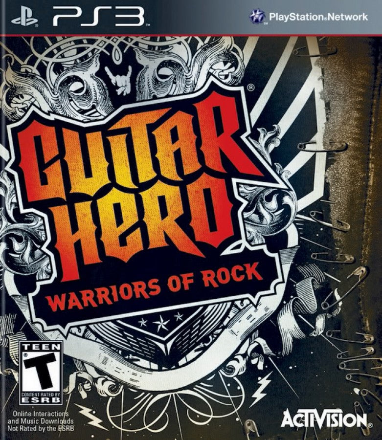 Guitar Hero Warriors of Rock PS3 inspired design featuring rhythm music game aesthetic legendary rock anthems guitar controller gameplay epic fantasy themed campaign band performance action energetic concert atmosphere presentation cover art 