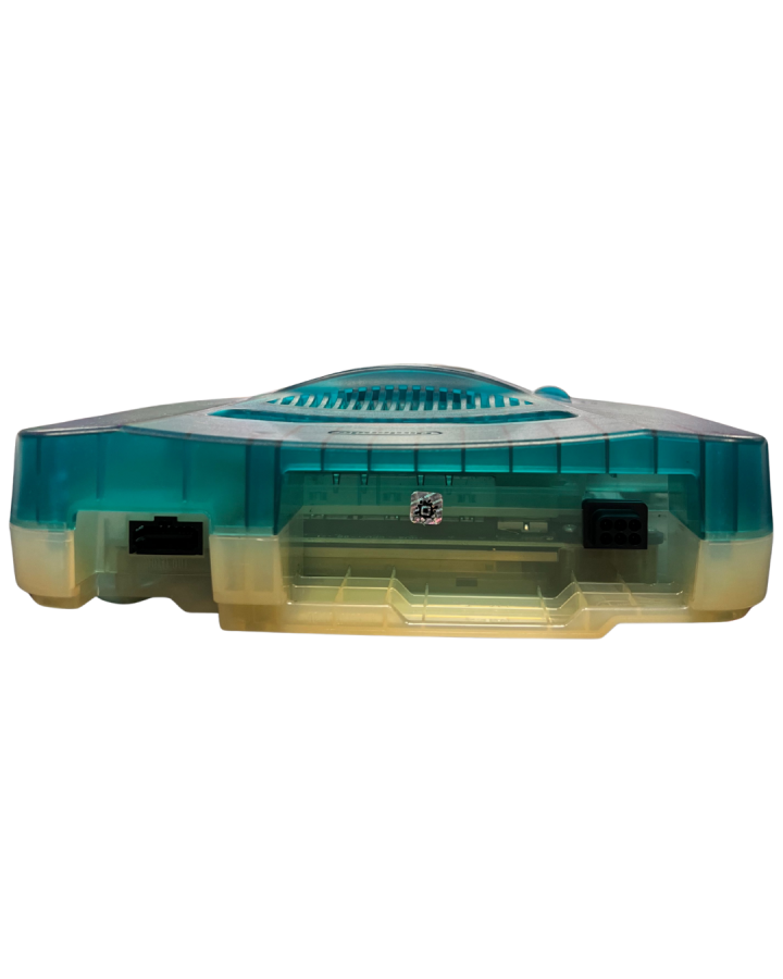 Rear view of a Funtastic ice blue Nintendo 64 console showing translucent casing and back ports.