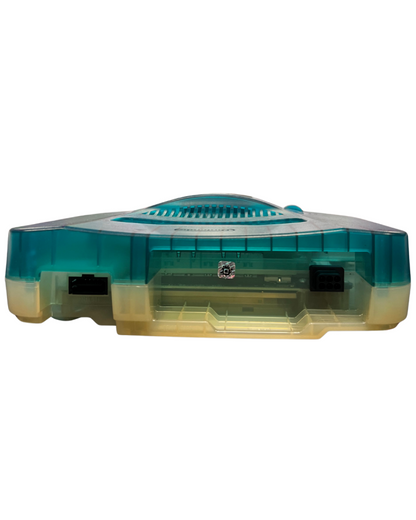Rear view of a Funtastic ice blue Nintendo 64 console showing translucent casing and back ports.