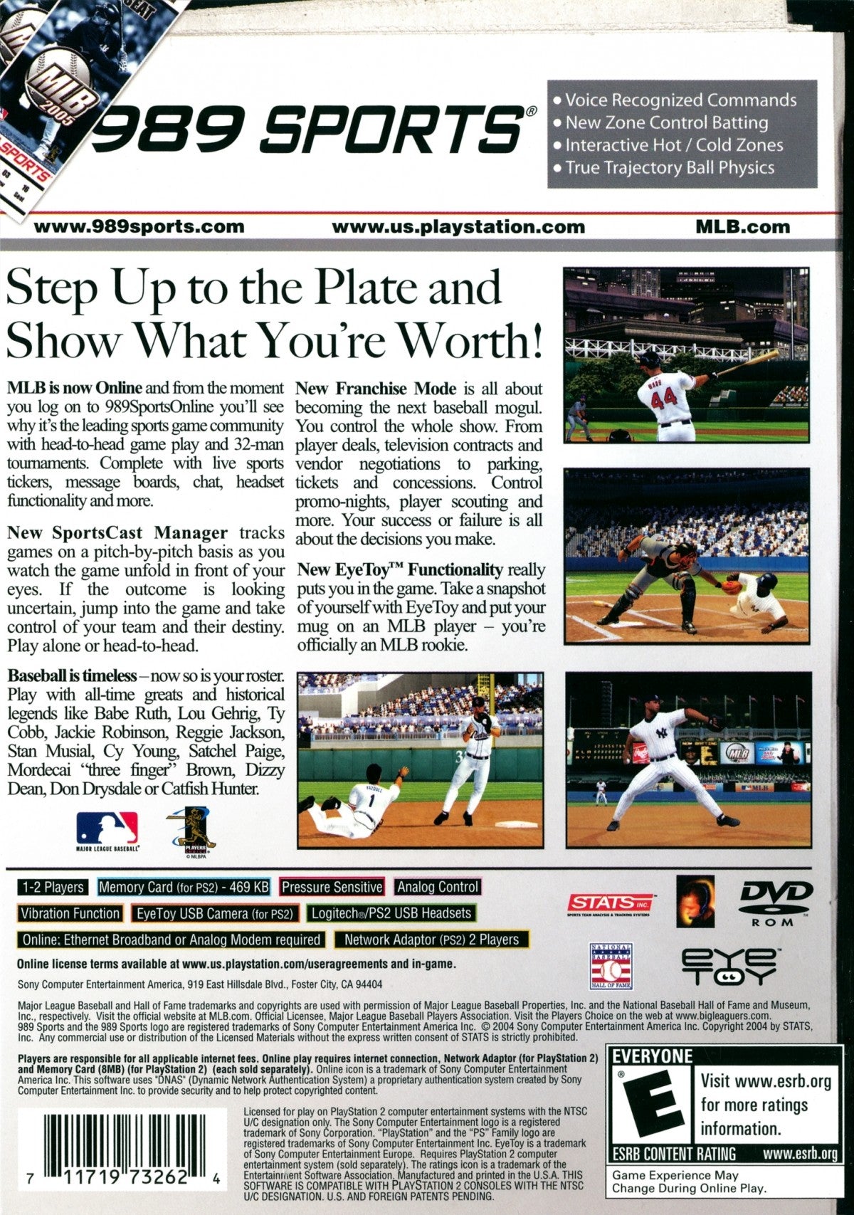 MLB 2005 back cover art PlayStation 2 (PS2) featuring realistic baseball simulation with official teams, players, and immersive stadium gameplay.