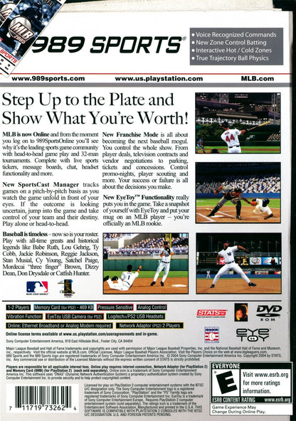 MLB 2005 back cover art PlayStation 2 (PS2) featuring realistic baseball simulation with official teams, players, and immersive stadium gameplay.