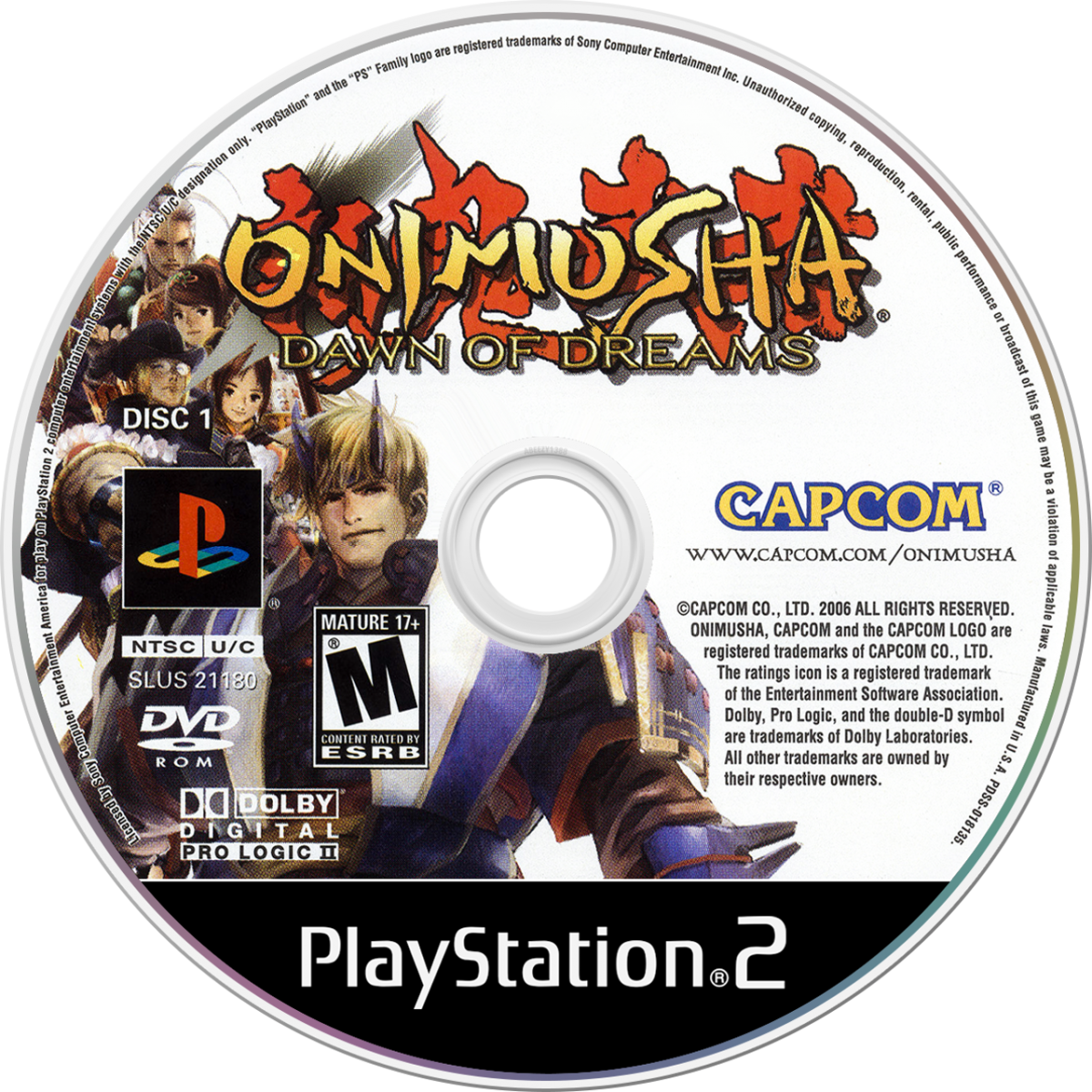 Onimusha: Dawn of Dreams for the PlayStation 2 featuring action adventure gameplay with samurai combat demon slaying abilities cinematic storytelling and feudal Japan inspired environments disc 2