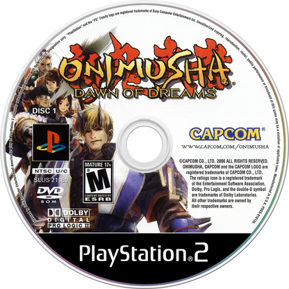 Onimusha: Dawn of Dreams for the PlayStation 2 featuring action adventure gameplay with samurai combat demon slaying abilities cinematic storytelling and feudal Japan inspired environments disc 2
