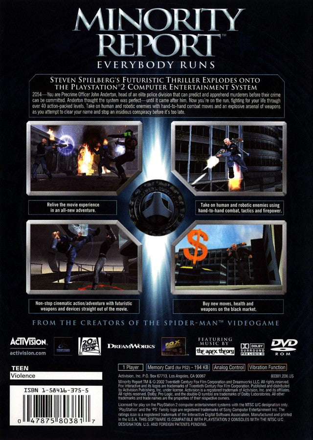 Minority Report back cover art for PlayStation 2 (PS2) featuring futuristic third‑person action gameplay with explosive combat, jetpack sequences, and destructible environments.