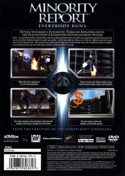 Minority Report back cover art for PlayStation 2 (PS2) featuring futuristic third‑person action gameplay with explosive combat, jetpack sequences, and destructible environments.