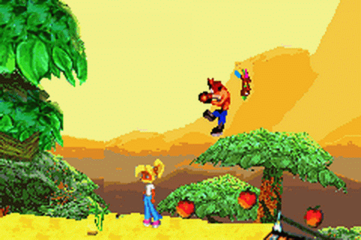 Crash Bandicoot Purple for Game Boy Advance, gameplay for a party mini-game video game with crossover gameplay, character-based challenges, mini-games, and cartoon-style action