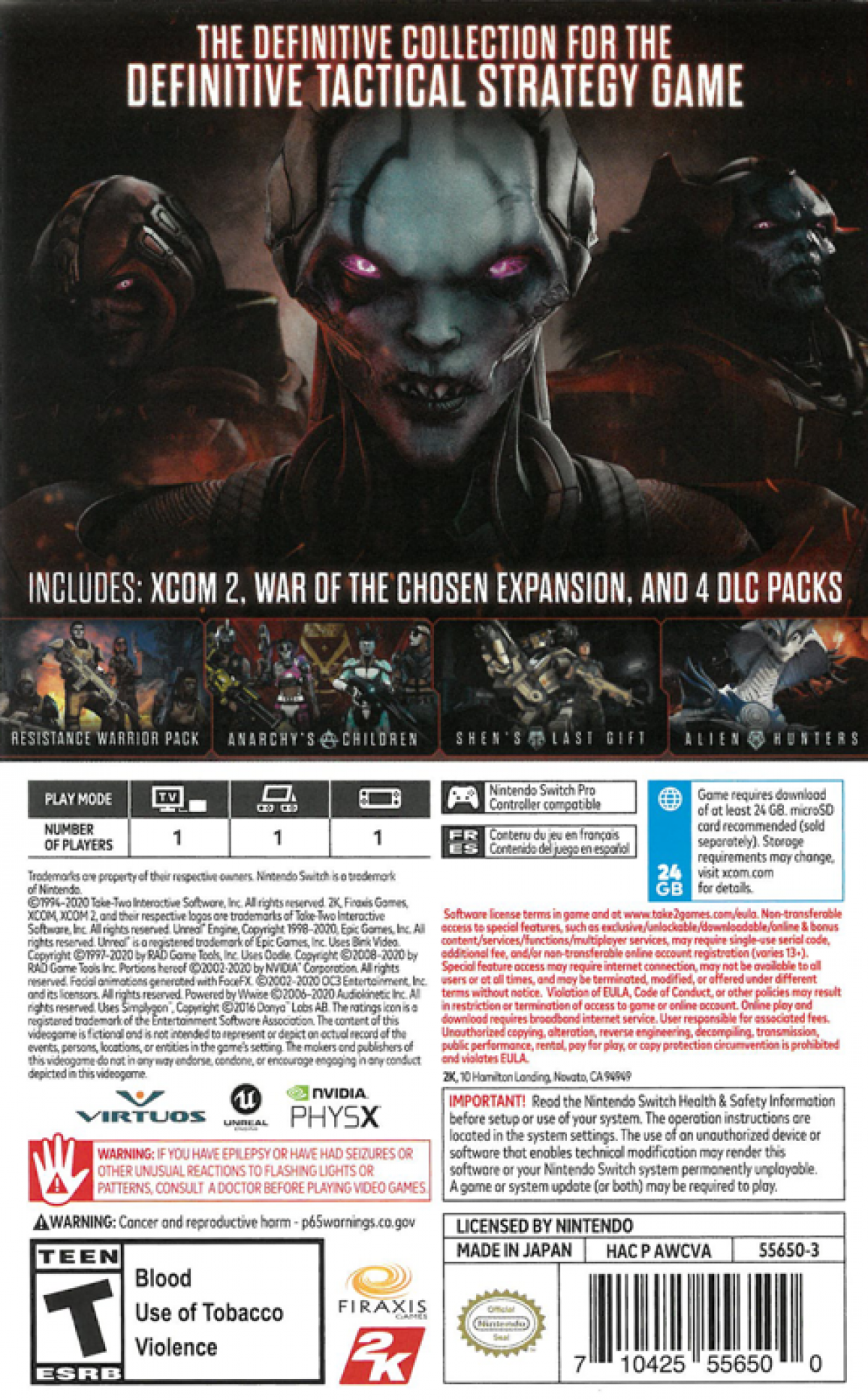 XCOM 2 Collection Nintendo Switch inspired design featuring tactical turn based strategy aesthetic alien resistance warfare squad based combat strategic base management procedural missions high stakes decision making sci fi battlefield tension and immersive tactical gameplay presentation back cover