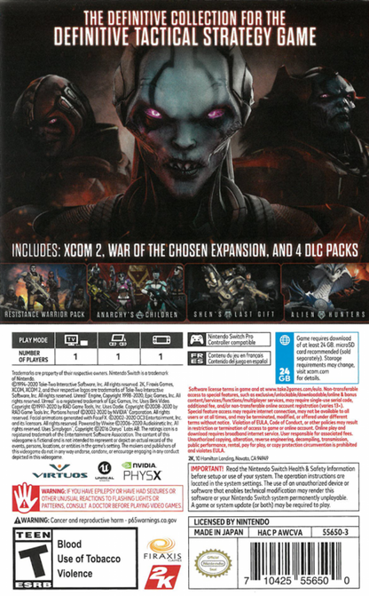 XCOM 2 Collection Nintendo Switch inspired design featuring tactical turn based strategy aesthetic alien resistance warfare squad based combat strategic base management procedural missions high stakes decision making sci fi battlefield tension and immersive tactical gameplay presentation back cover