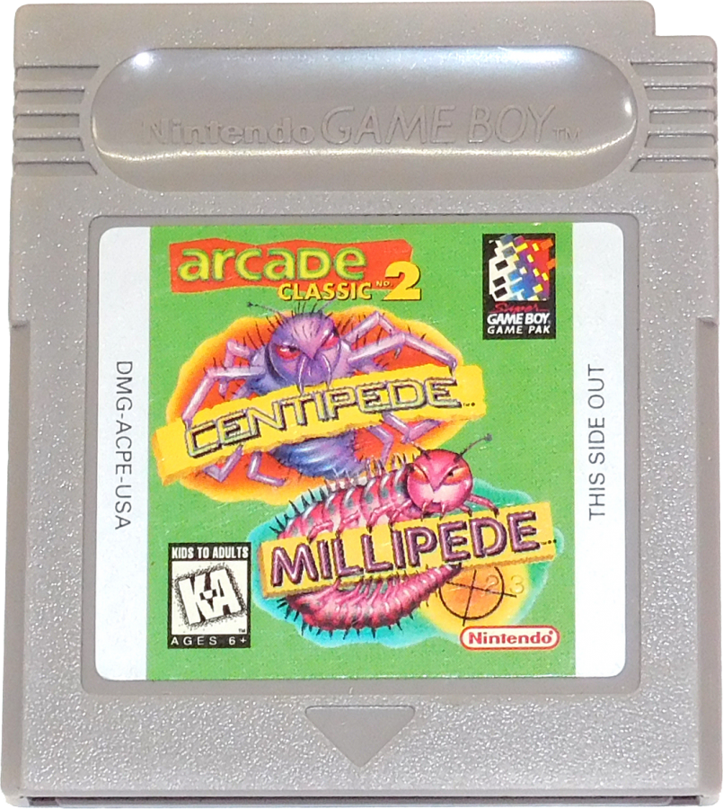 Arcade Classic 2 Centipede and Millipede for Game Boy, cartridge for an arcade shooter compilation video game with fast-paced insect blasting gameplay, score-based challenges, and retro action