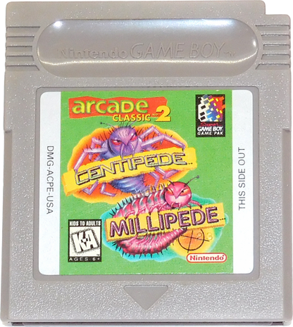Arcade Classic 2 Centipede and Millipede for Game Boy, cartridge for an arcade shooter compilation video game with fast-paced insect blasting gameplay, score-based challenges, and retro action