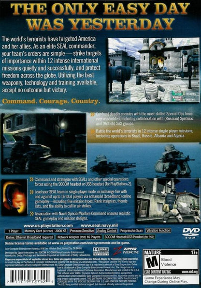 SOCOM II: U.S. Navy Seals – PlayStation 2 (PS2) video game back of case, tactical shooter.