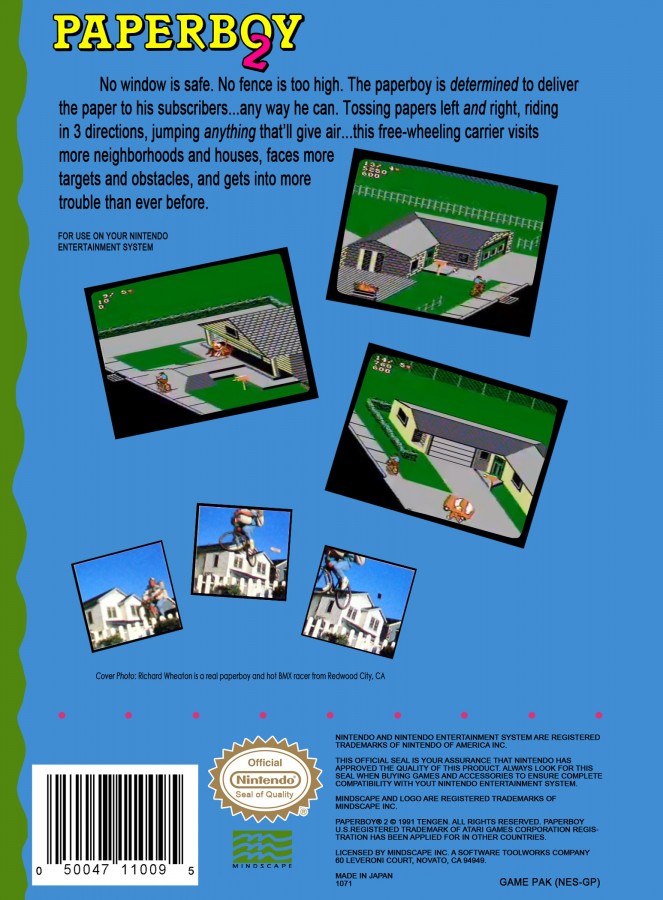 Paperboy 2 Nintendo Entertainment System NES for retro video game enthusiasts featuring arcade style action gameplay newspaper delivery challenges obstacle dodging fast paced bicycle riding suburban neighborhood routes classic score chasing mechanics and collectible gaming appeal back art 
