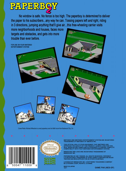 Paperboy 2 Nintendo Entertainment System NES for retro video game enthusiasts featuring arcade style action gameplay newspaper delivery challenges obstacle dodging fast paced bicycle riding suburban neighborhood routes classic score chasing mechanics and collectible gaming appeal back art 
