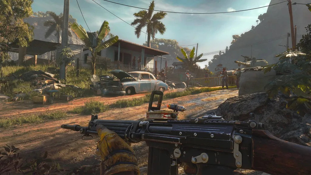 Far Cry 6 for Xbox Series X (XSX) at Gamers INC, featuring the explosive open-world revolution set in the tropical paradise of Yara, where you play as Dani Rojas fighting to liberate your nation from the iron-fisted rule of dictator Antón Castillo, utilizing "Resolver" makeshift weaponry, a menagerie of animal companions, and seamless co-op in a sprawling guerrilla warfare experience optimized with 4K resolution and 60fps performance gameplay screenshot