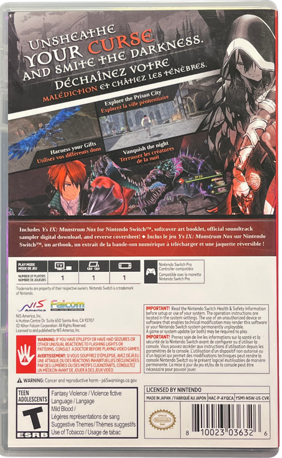 Ys IX Monstrum Nox Nintendo Switch inspired design featuring fast paced action role playing adventure aesthetic supernatural abilities dynamic real time combat sprawling city exploration mysterious fantasy storyline colorful anime inspired visuals and epic character driven gameplay presentation back art 
